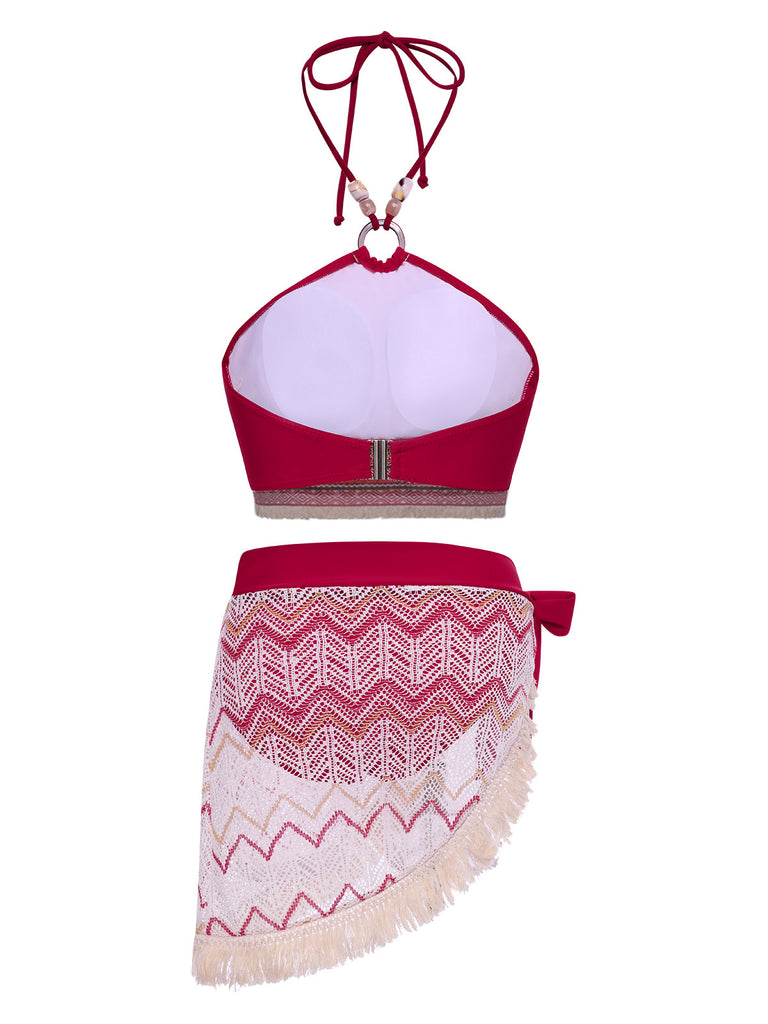 Red 1970s Princess Style Beading Halter Bikini Set