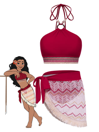 2PCS Red 1970s Princess Style Bikini Set & Fringe Cover-Up