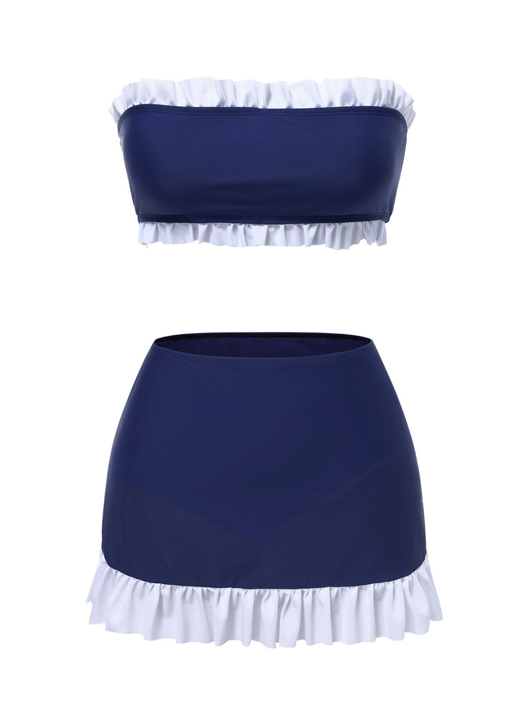 [Pre-Sale] Dark Blue 1960s Bandeau Ruffle Swimsuit