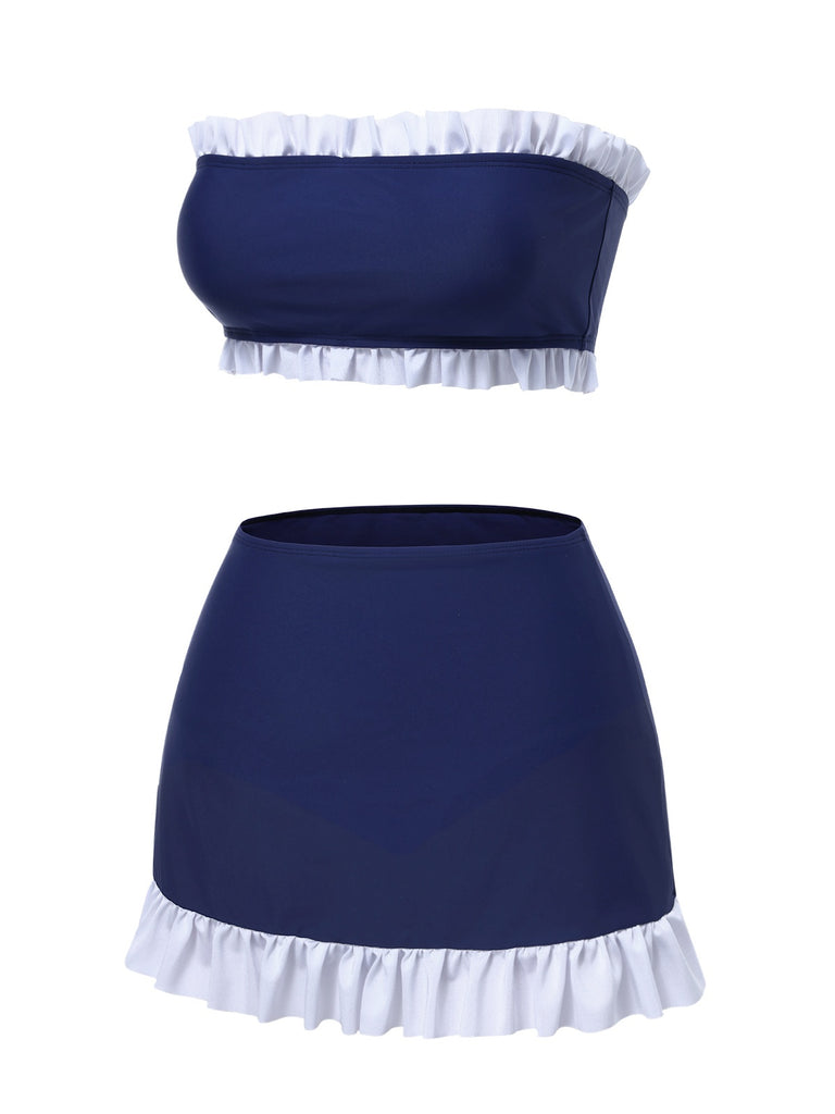 [Pre-Sale] Dark Blue 1960s Bandeau Ruffle Swimsuit