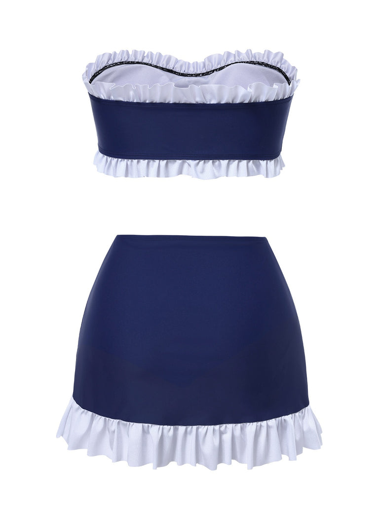 [Pre-Sale] Dark Blue 1960s Bandeau Ruffle Swimsuit