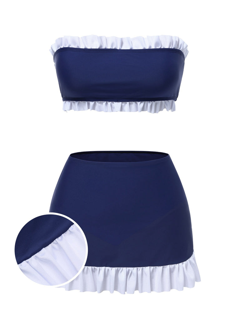 [Pre-Sale] Dark Blue 1960s Bandeau Ruffle Swimsuit