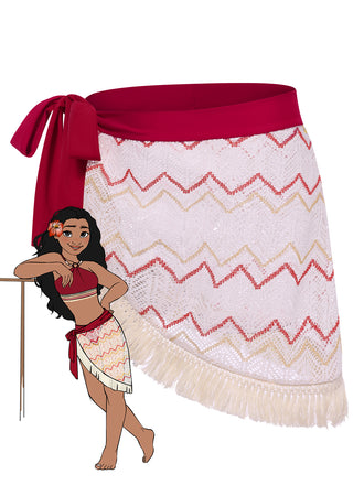 Red 1970s Princess Style Fringe Patchwork Cover-Up