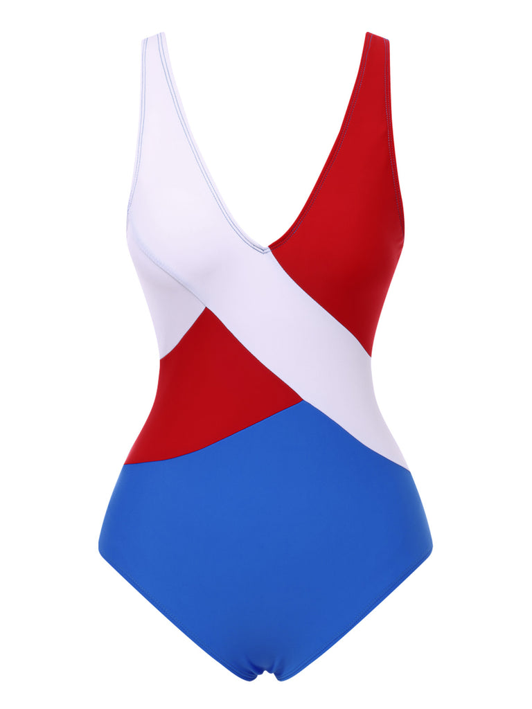 [Pre-Sale] Blue 1970s Red & White Colorblock One-Piece Swimsuit