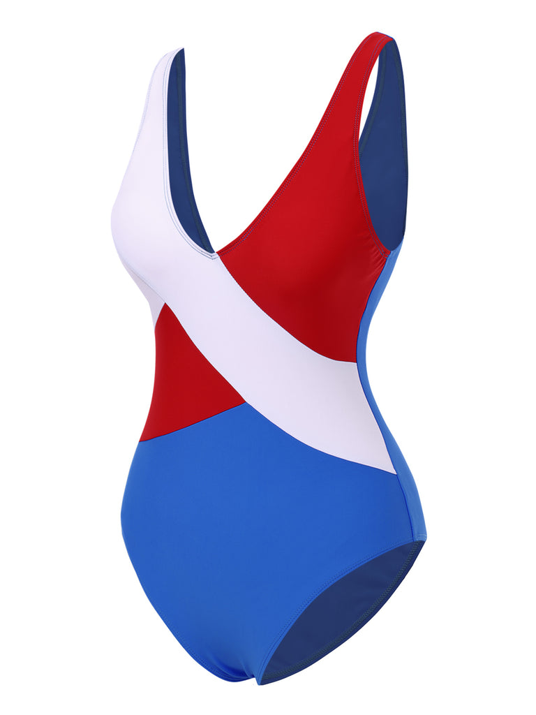 [Pre-Sale] Blue 1970s Red & White Colorblock One-Piece Swimsuit
