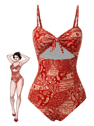 Red 1970s Paisley Hollow Spaghetti Straps Swimsuit