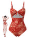 Red 1970s Paisley Hollow Spaghetti Straps Swimsuit