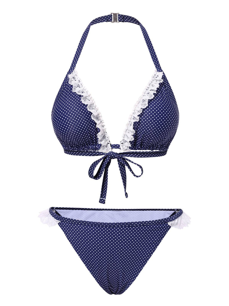 [Pre-Sale] Blue 1950s Polka Dots Lace Halter Bikini Set