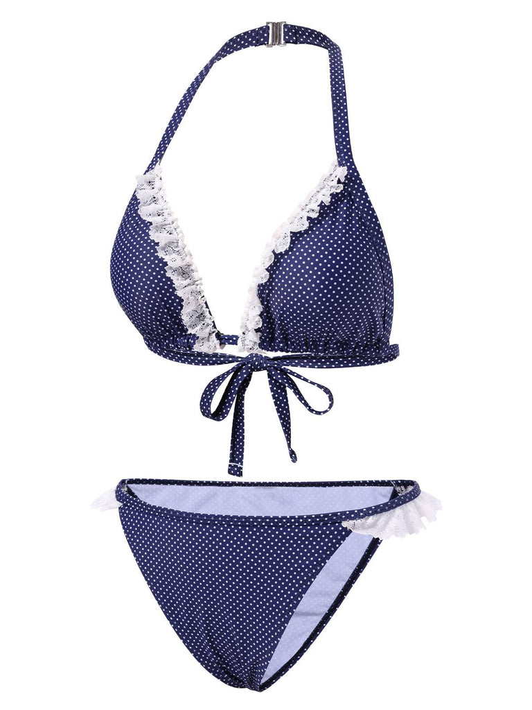 [Pre-Sale] Blue 1950s Polka Dots Lace Halter Bikini Set