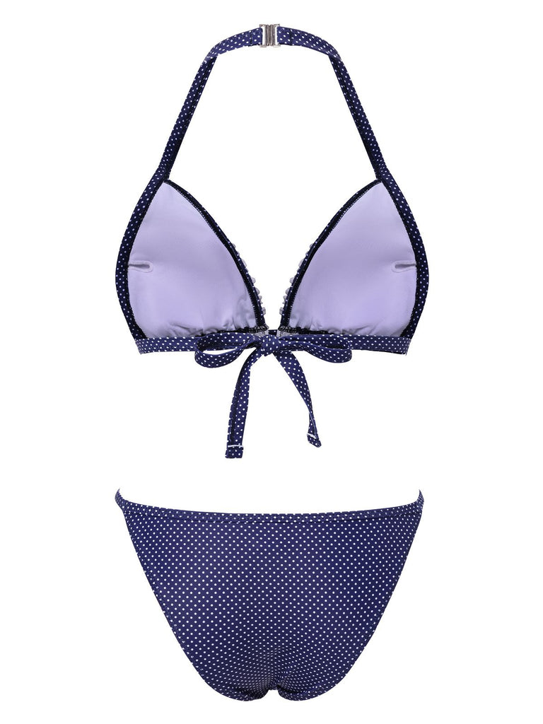 [Pre-Sale] Blue 1950s Polka Dots Lace Halter Bikini Set