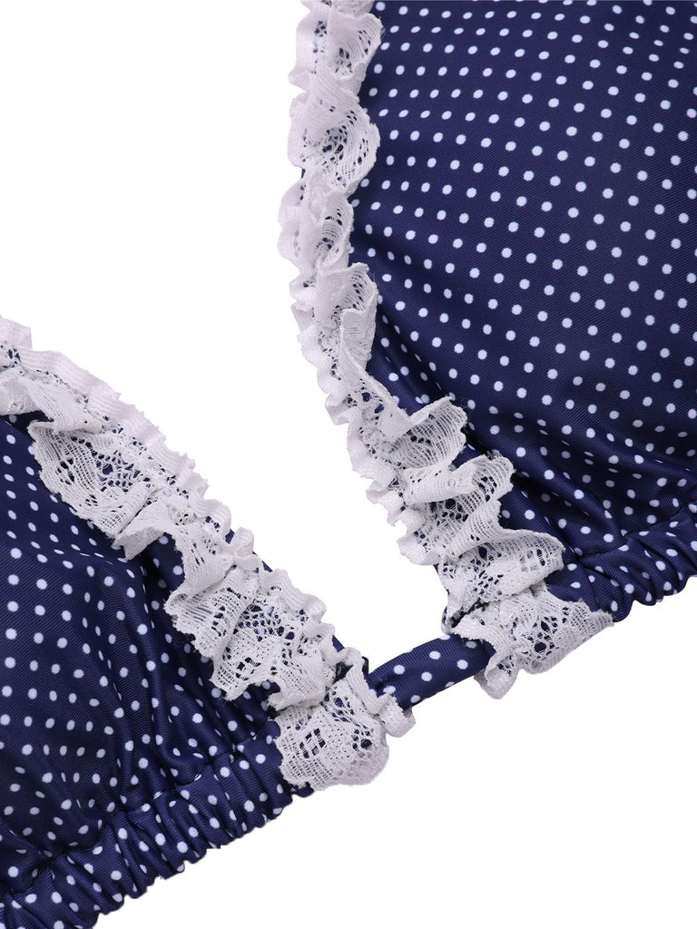 [Pre-Sale] Blue 1950s Polka Dots Lace Halter Bikini Set