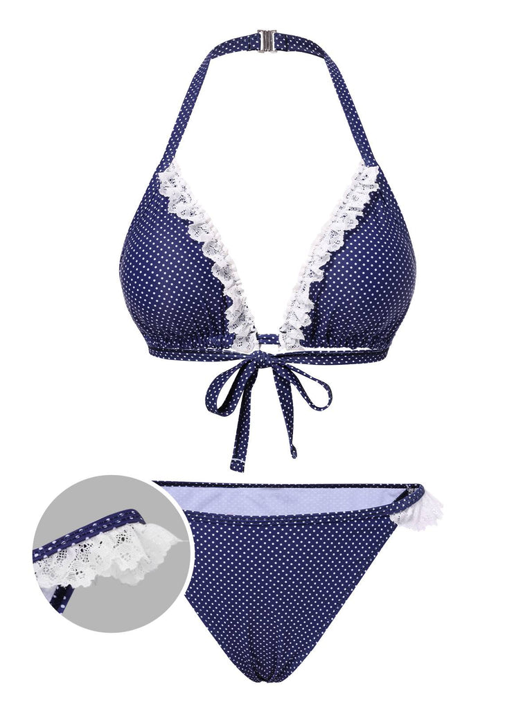 [Pre-Sale] Blue 1950s Polka Dots Lace Halter Bikini Set
