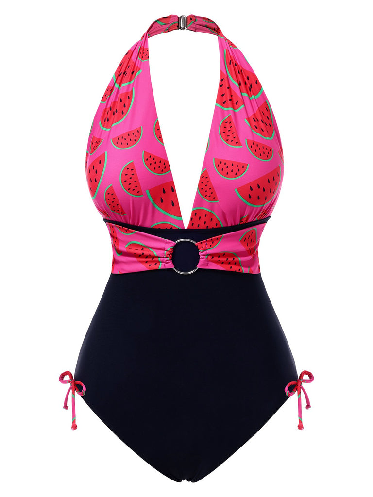 [Pre-Sale] Pink 1960s Watermelon Deep V Halter Swimsuit