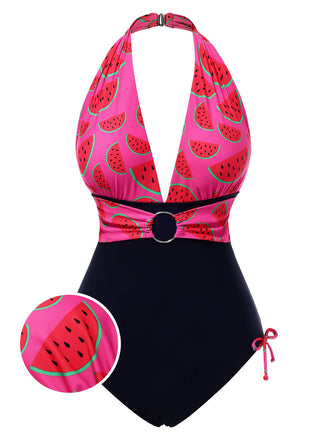 Pink 1960s Watermelon Deep V Halter Swimsuit