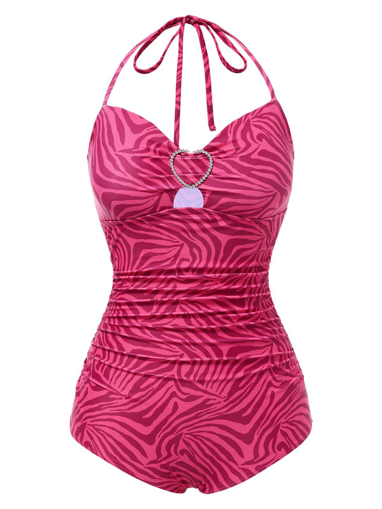 [Pre-Sale] Pink 1950s Zebra Stripes Rhinestones Heart Swimsuit