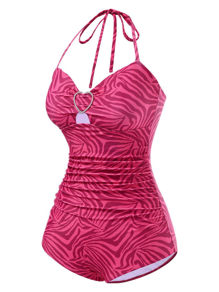 [Pre-Sale] Pink 1950s Zebra Stripes Rhinestones Heart Swimsuit