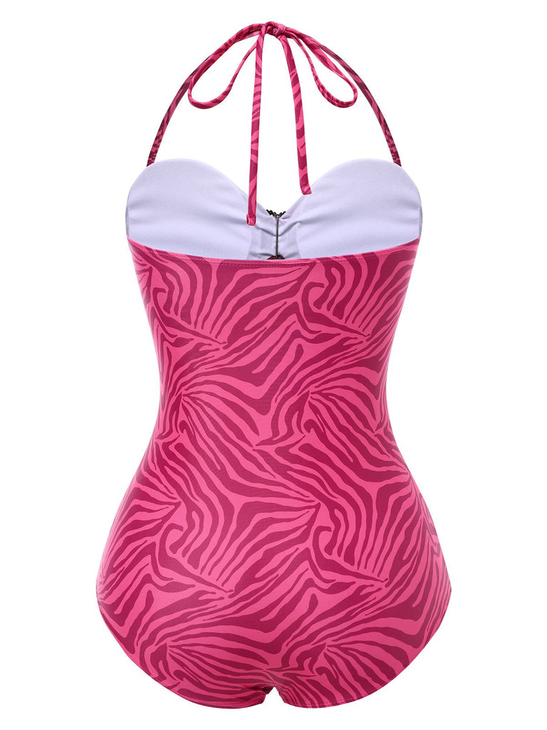 [Pre-Sale] Pink 1950s Zebra Stripes Rhinestones Heart Swimsuit