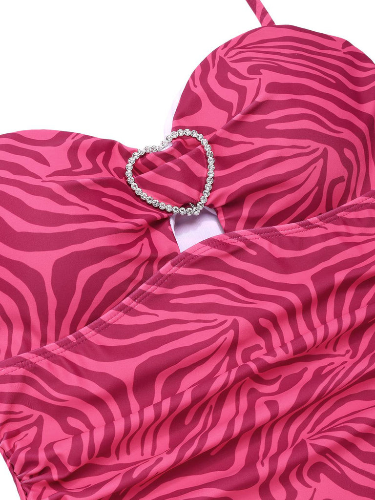 [Pre-Sale] Pink 1950s Zebra Stripes Rhinestones Heart Swimsuit