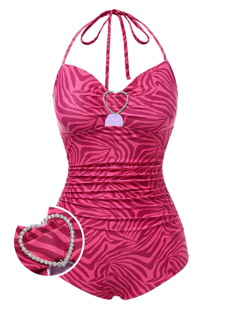 [Pre-Sale] Pink 1950s Zebra Stripes Rhinestones Heart Swimsuit