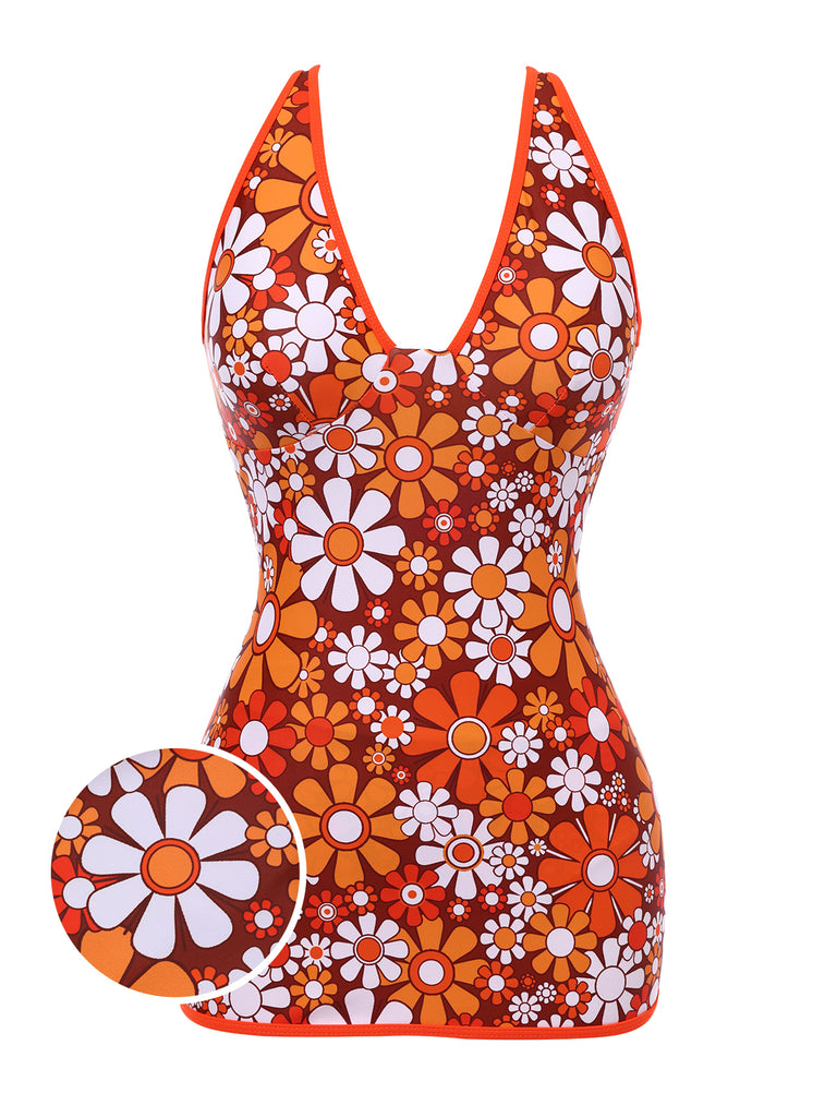 [Pre-Sale] Brown 1960s Bohemian Psychedelic Floral One-Piece Swimsuit