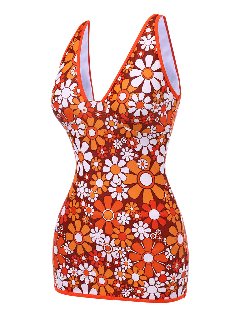 [Pre-Sale] Brown 1960s Bohemian Psychedelic Floral One-Piece Swimsuit