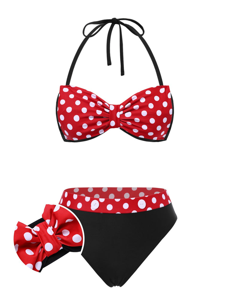 [Pre-Sale] Red 1950s Polka Dots Bowknot Bikini Set & Cover-Up