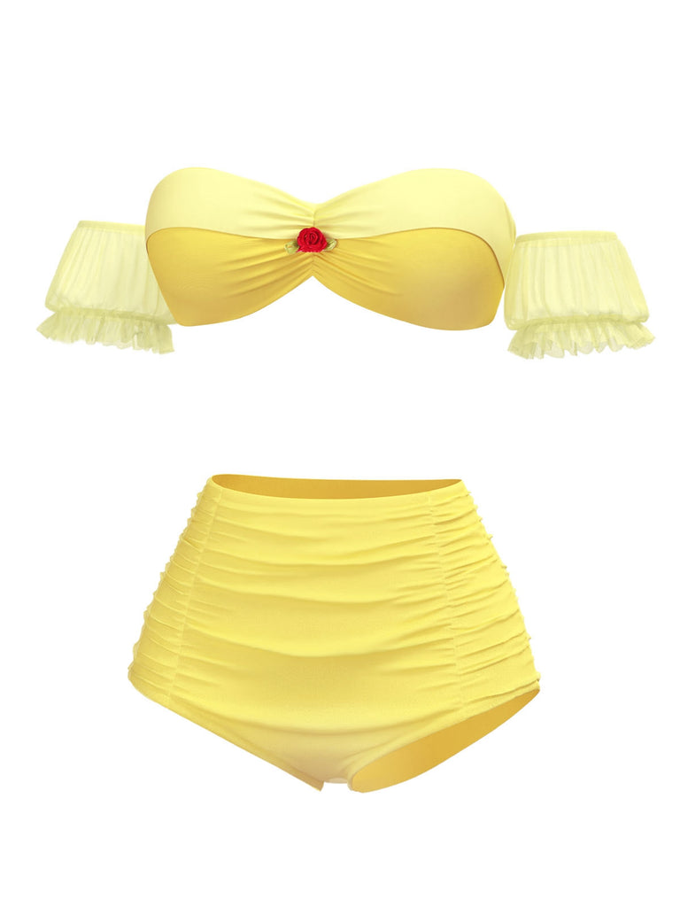 [Pre-Sale] Yellow 1970s Belle Princess Style Rose Puff Bikini Set