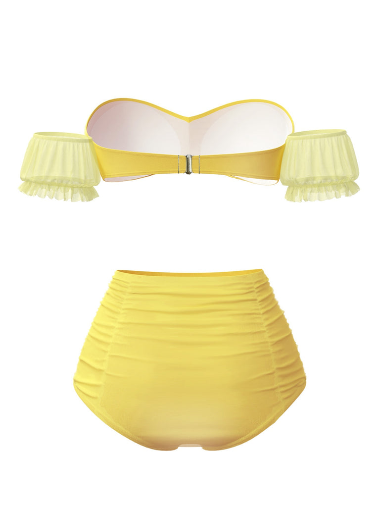 [Pre-Sale] Yellow 1970s Belle Princess Style Rose Puff Bikini Set