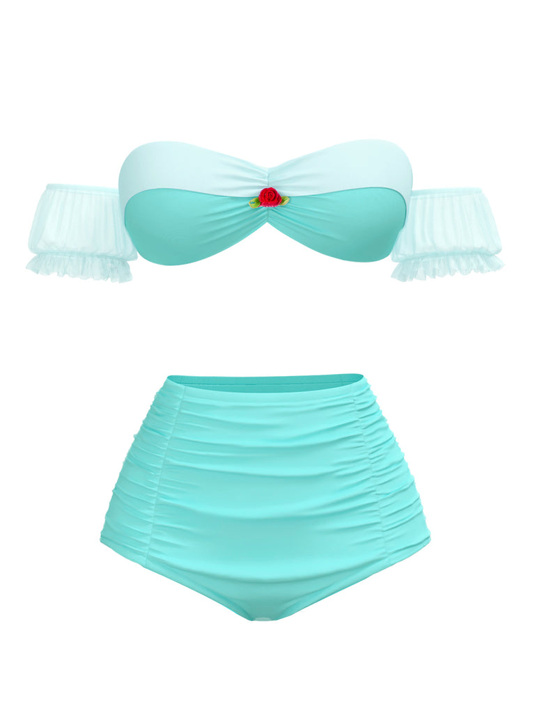 [Pre-Sale] Light Green 1970s Princess Style Rose Puff Bikini Set