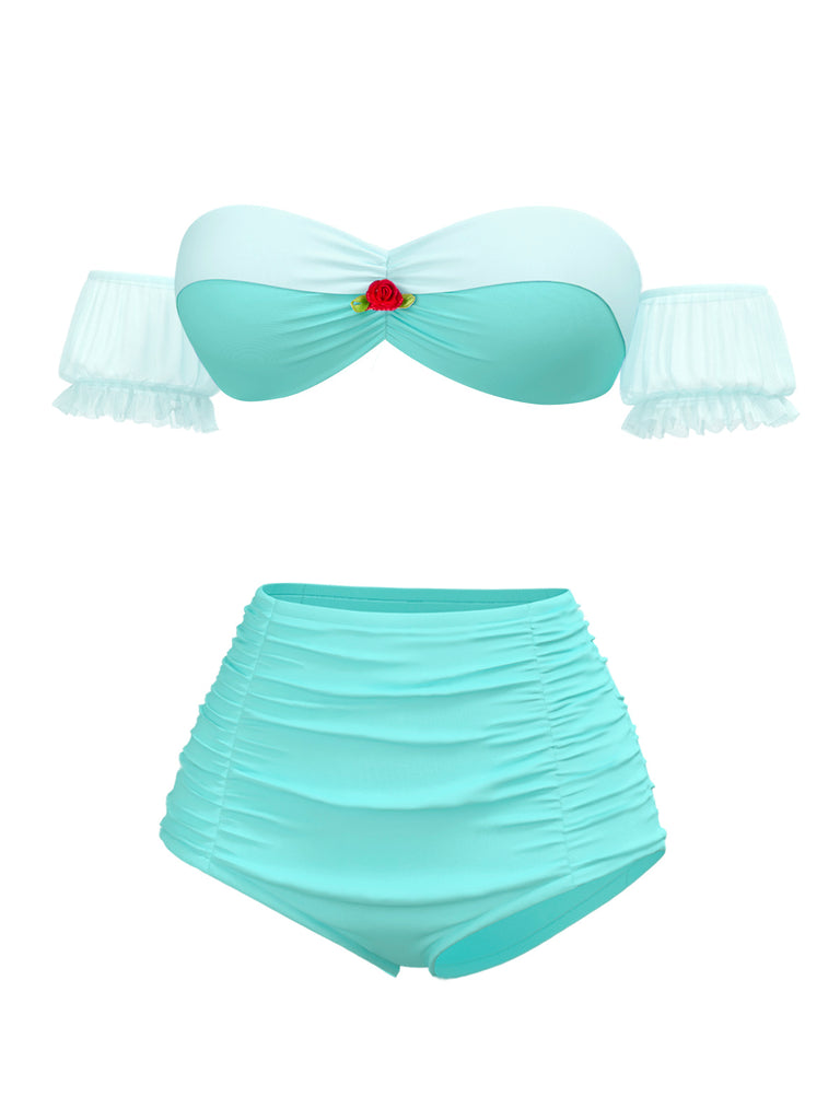 [Pre-Sale] Light Green 1970s Princess Style Rose Puff Bikini Set