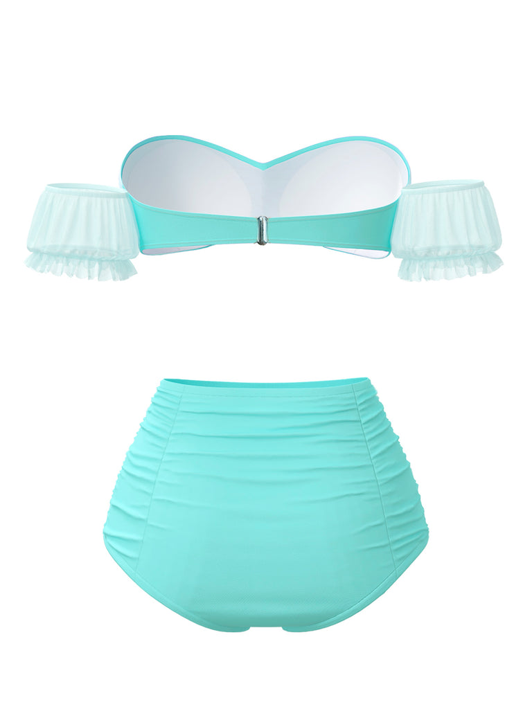 [Pre-Sale] Light Green 1970s Princess Style Rose Puff Bikini Set