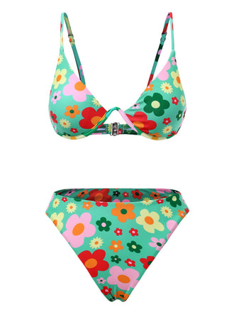 Green 1950s Cartoon Floral Bikini Set