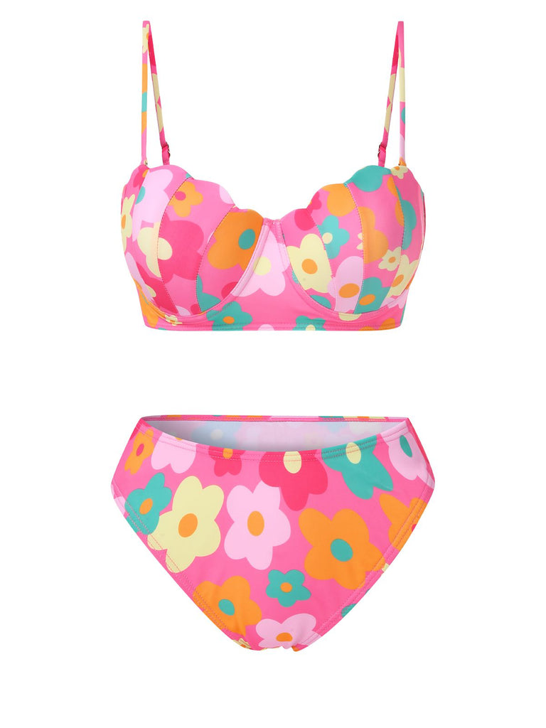1960s Spaghetti Strap Floral Shell Bikini Set & Cover-up