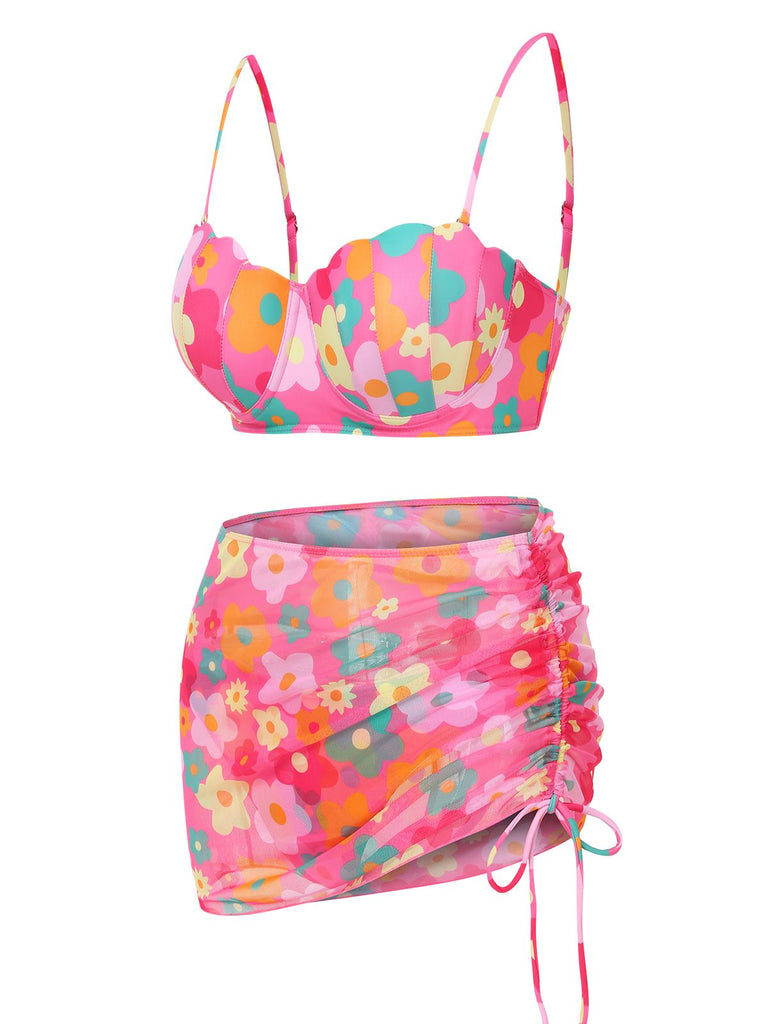 1960s Spaghetti Strap Floral Shell Bikini Set & Cover-up