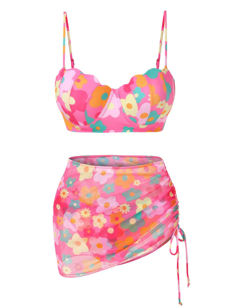1960s Spaghetti Strap Floral Shell Bikini Set & Cover-up