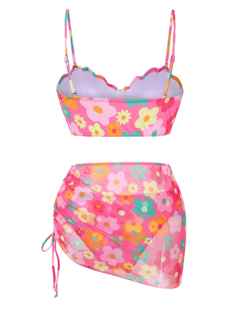 1960s Spaghetti Strap Floral Shell Bikini Set & Cover-up