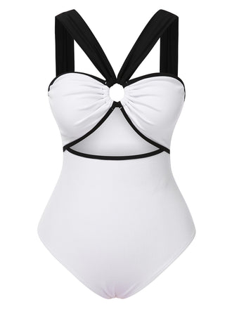 White 1950s Waist Cutout Colorblock One-Piece Swimsuit