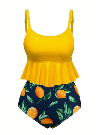Yellow 1950s Ruffle Lemon Print Tankini Set