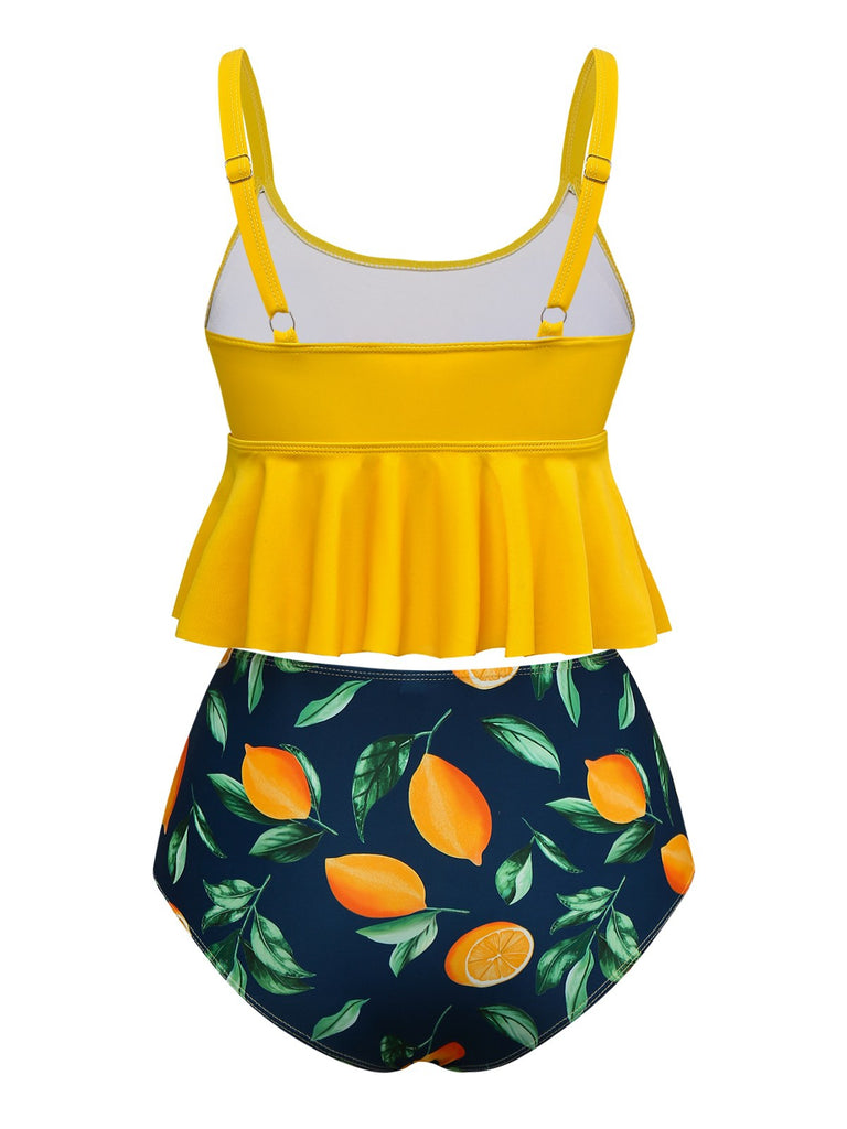 Yellow 1950s Ruffle Lemon Print Tankini Set