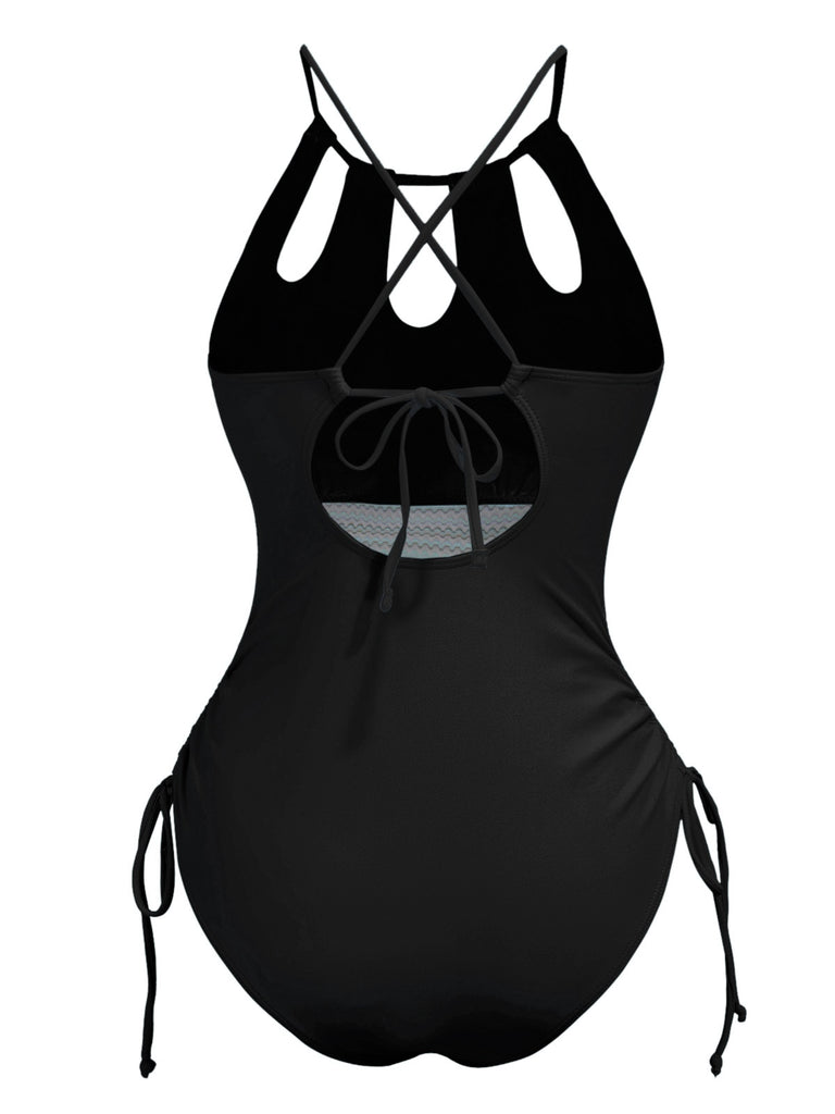 1950s Solid Keyhole Collar Cross-Bind Swimsuit