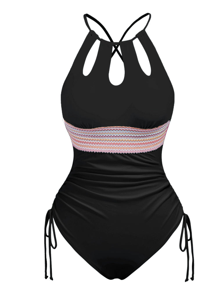 1950s Solid Keyhole Collar Cross-Bind Swimsuit