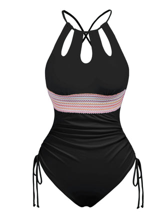 1950s Solid Keyhole Collar Cross-Bind Swimsuit