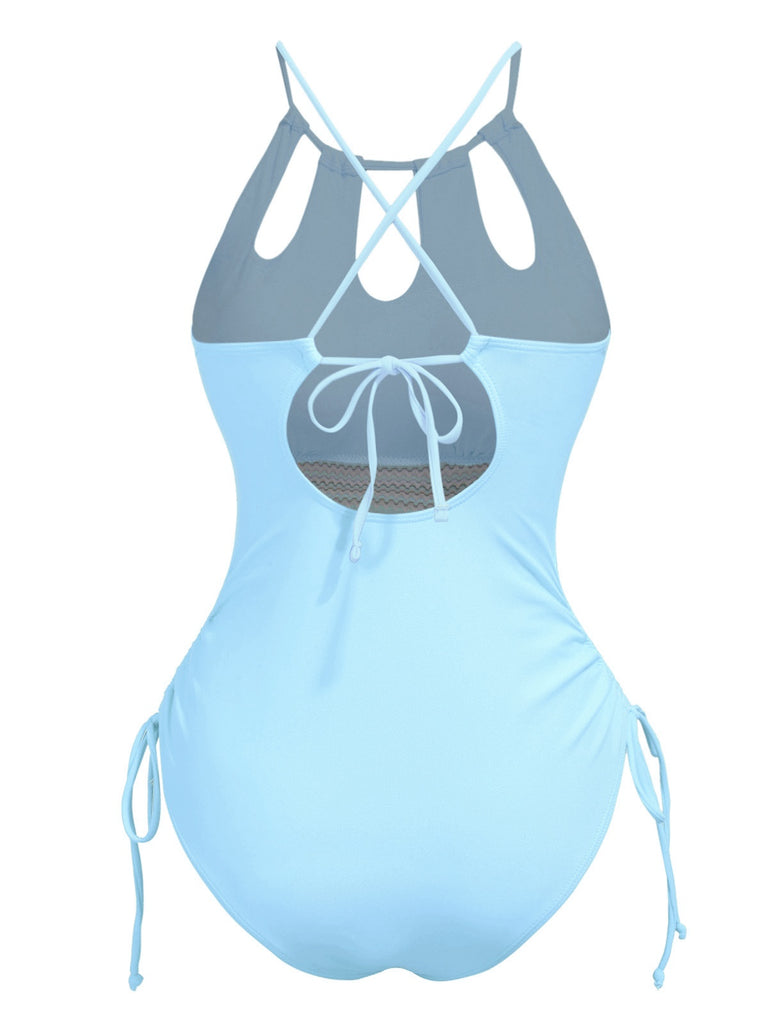 1950s Solid Keyhole Collar Cross-Bind Swimsuit