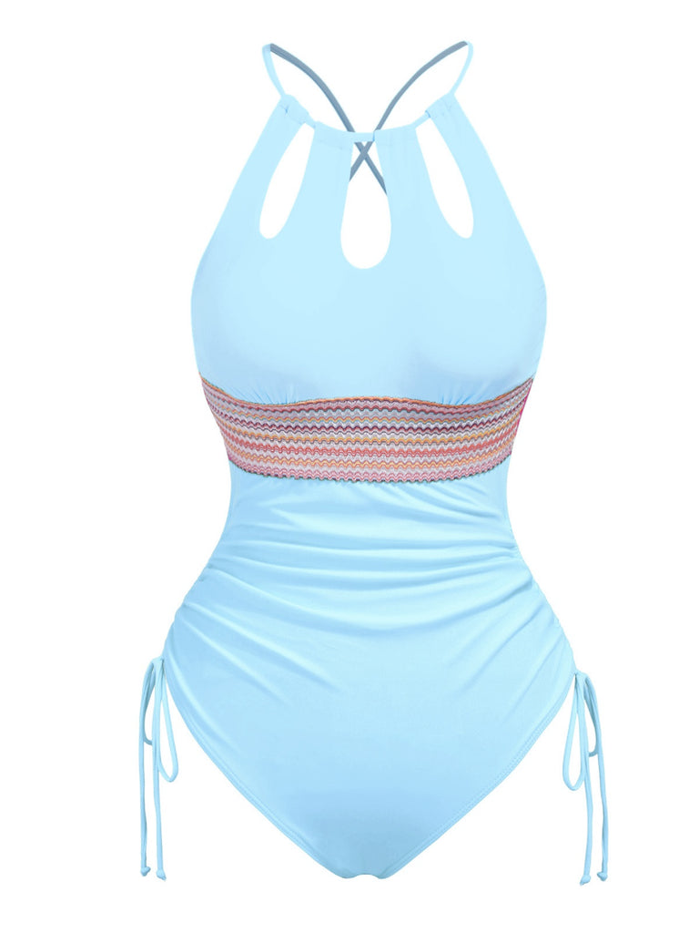 1950s Solid Keyhole Collar Cross-Bind Swimsuit