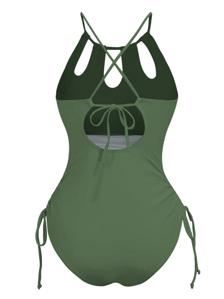 1950s Solid Keyhole Collar Cross-Bind Swimsuit