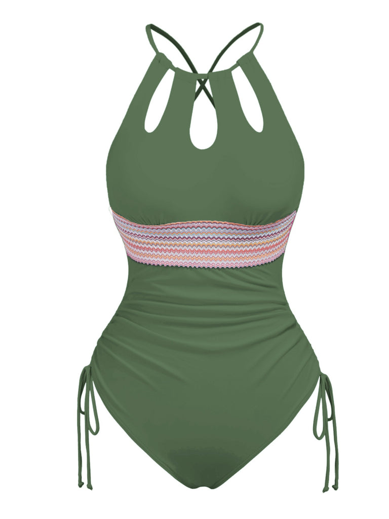 1950s Solid Keyhole Collar Cross-Bind Swimsuit