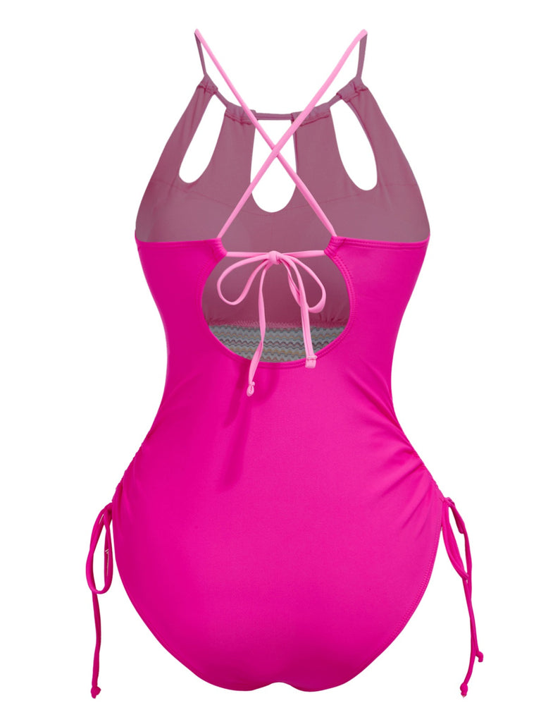 1950s Solid Keyhole Collar Cross-Bind Swimsuit