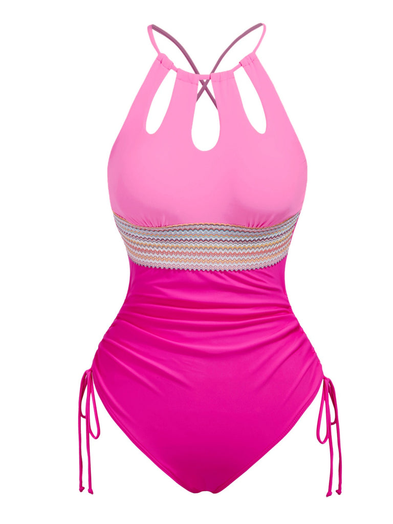 1950s Solid Keyhole Collar Cross-Bind Swimsuit