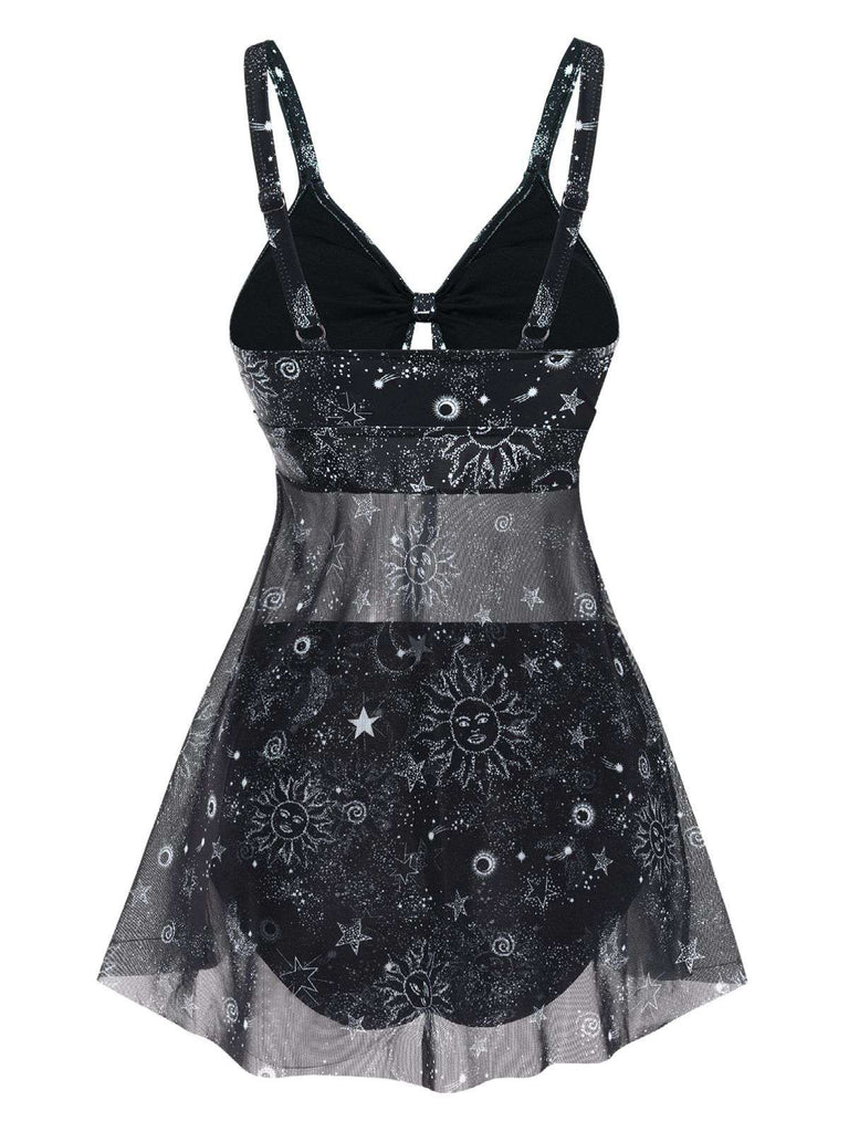 Black 1930s Mesh Hollow-Out Sun Moon Print Swimdress