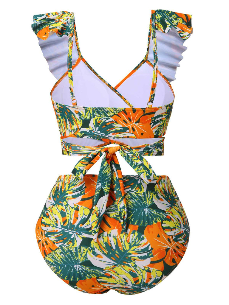 1960s Ruffles Strap Tropical Plants Wrap Bikini Set